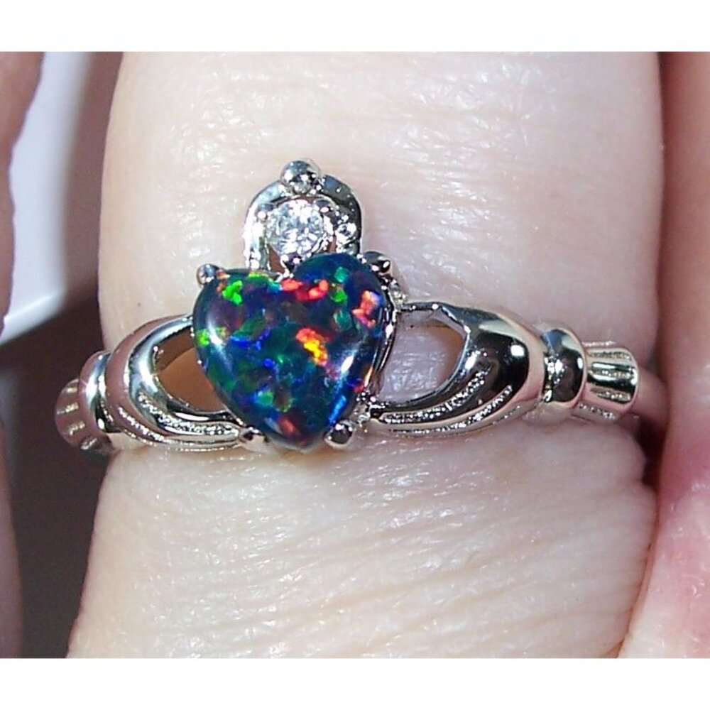 925 STERLING SILVER Dainty Lab Created Black Opal CZ Celtic Claddagh Ring